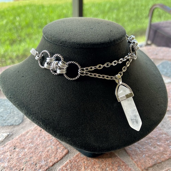 Handmade maille choker & Clear crystal quartz bullet charm boho necklace - Picture 7 of 15